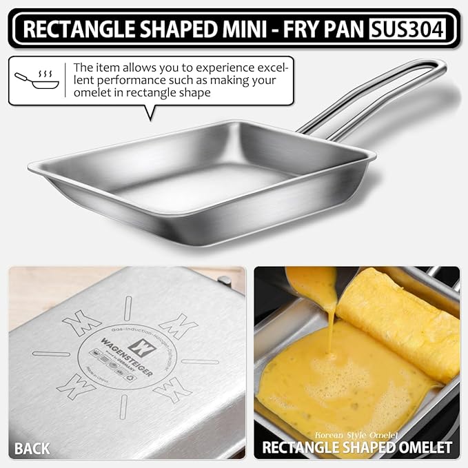 Stainless Steel Fry Pan, 3-Ply Reinforced Body, Rectangular Omelet Pan, Oven & Dishwasher Safe