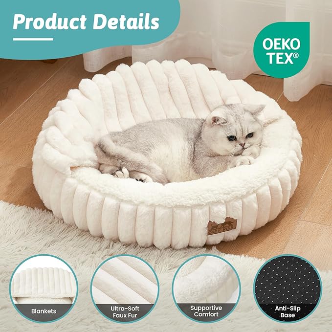Cat Bed with Hooded Blanket, Round Fluffy Anti-Anxiety Pet Bed for Cats/Small Dogs, Cozy Donut