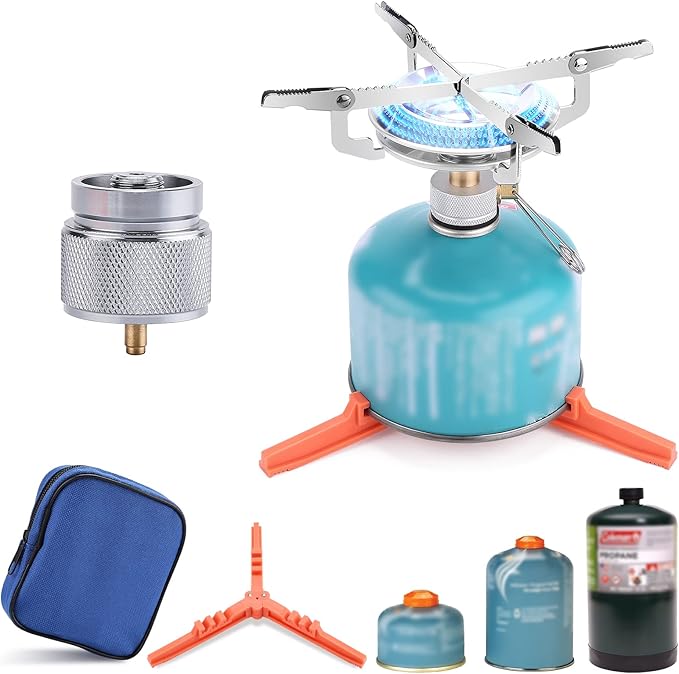 WADEO Portable Camping Stove Burner, Backpacking Stove with 1LB Propane Tank Adapter, Fuel Can