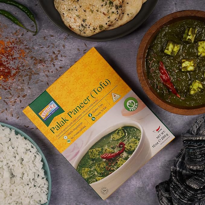 Ashoka Entrees 1932, Plant-Based Tofu & Spinach Curry, All-Natural, Ready to Eat Meals, Palak
