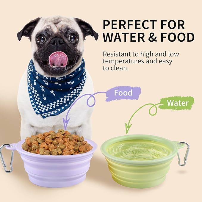 Collapsible Dog Bowls 2-Pack, Portable Travel Dog Bowl with Carabiner, Food-Grade Silicone Pet Bowl