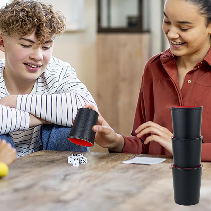 Felt-Lined PU Leather Dice Cup Set, 6 Quiet Dice Shaker Cups with 36 Dices for Bar Party Yahtzee