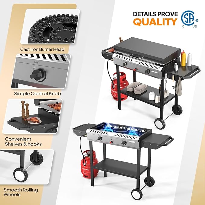 Bonnlo 2-in-1 Propane Stove and Griddle, Iginition Outdoor Gas Cooker with Storage Shelf and