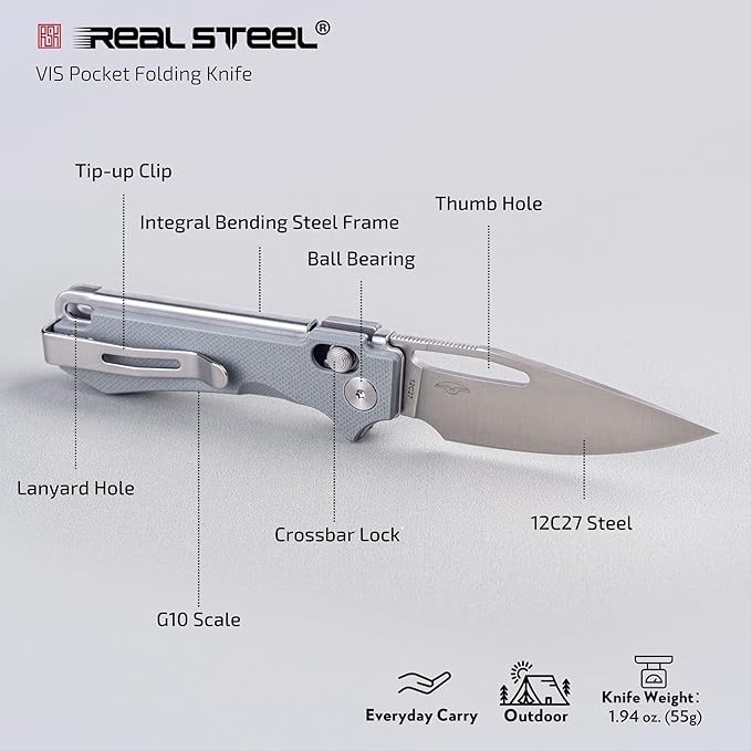 REALSTEEL VIS Pocket Knife, Folding Knife, Crossbar Lock, 2.72" Small 12C27 Steel Satin Plain