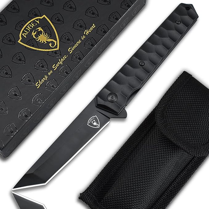 AUBEY Tanto Blade EDC Knife, 440 Steel Pocket Folding Knife with Liner Lock, Clip, Aluminum Handle