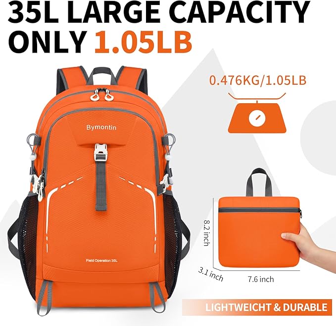 35L Lightweight Packable Backpack – Durable Foldable Daypack for Travel, Hiking, and Gym (Orange)
