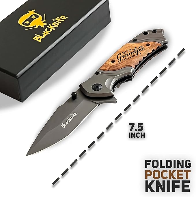BlacKnife Folding Pocket Knife with Wooden Handle and Clip – Ideal Knife for Camping, Hunting, DIY