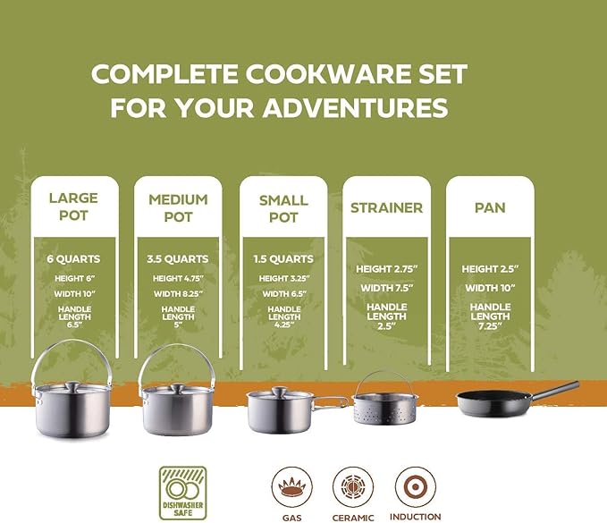Camping Cookware Set 304 Stainless Steel 8-Piece Pots & Pans Open Fire Cooking Kit | Frying Pan