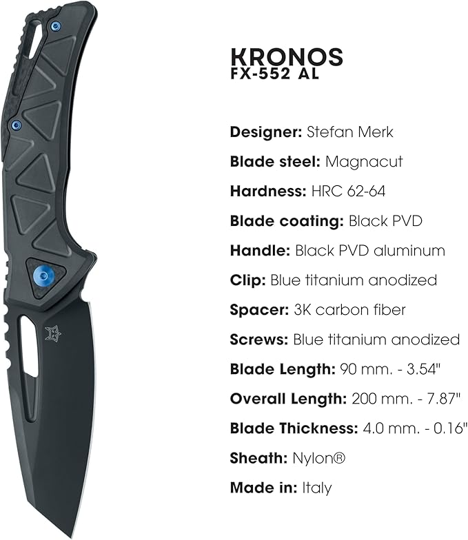Fox Knives Chronos FX-552 AL Premium Folding Knife 3.54in CPM MagnaCut Steel Blade, Reverse Tanto