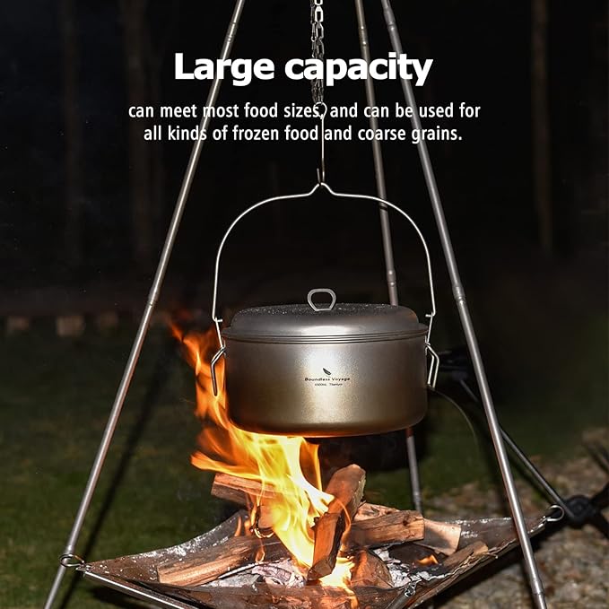 Boundless Voyage Titanium 4.5L Hanging Pot with Steaming Rack Folding Handle Outdoor Camping