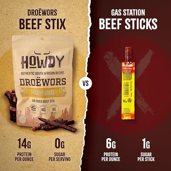 Howdysnax Handcraft Authentic Small Batch Droëwors Beef Sticks Sugar Free, Soy Free, Paleo & Keto