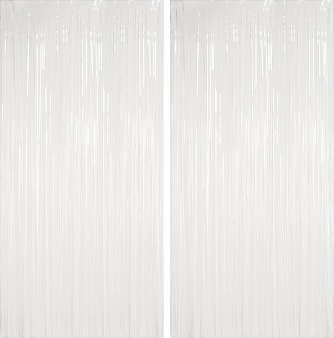 BRAVESHINE Tinsel Photo Backdrop Curtains - 2 Pack 3.2x8.2ft White Foil Fringe Streamer Curtain for