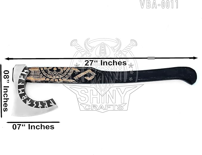 SHINY CRAFTS Viking Axe Hatchet - 27" Long Helm of Awe Carved Forged Steel With Engraving, Medieval