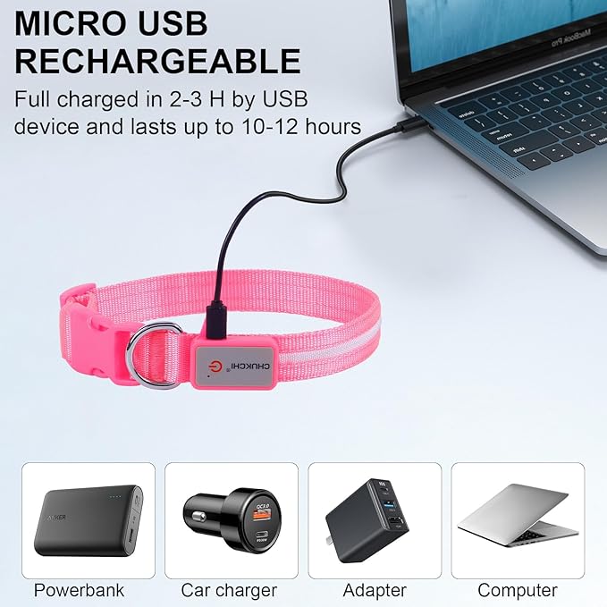 CHUKCHI LED Dog Collar Rechargeable,Waterproof Flashing Collar,Light Up Glow Collar, Adjustable