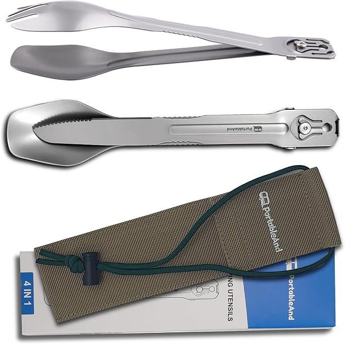 PortableAnd 4-in-1 Camping Utensil Set: Spoon, Spork, Knife, Tongs - Stainless Steel Multi Tool for