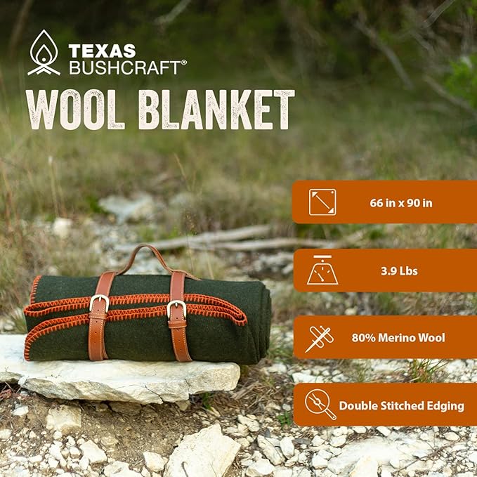 Texas Bushcraft Merino Wool Blanket for Camping Hiking and Backpacking – Water Fire Resistant Camp