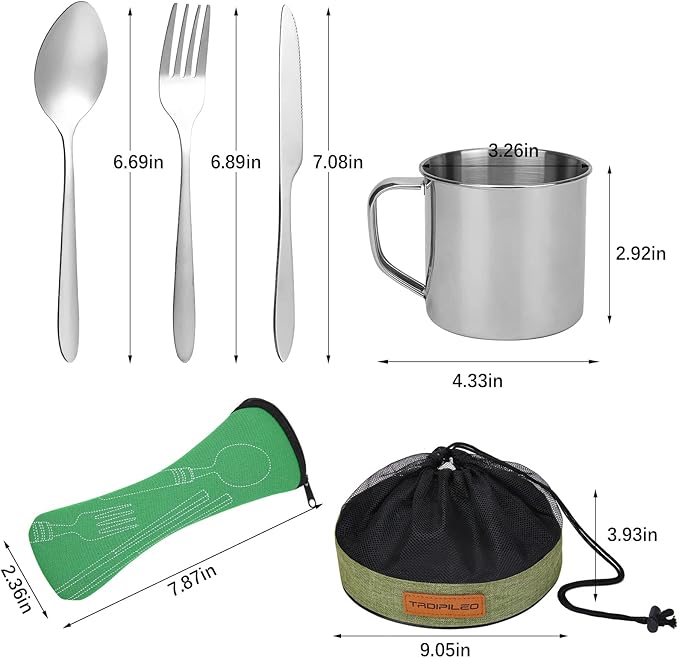 Stainless Steel Camping Cutlery Set - 8 Piece, Includes Spoons, Mugs, Bowls, Plates, Rags &
