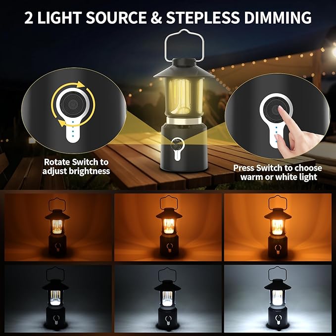 Retro Classic LED Camping Lantern, Rechargeable Stepless Dimming Vintage Lantern, 3 Light Modes