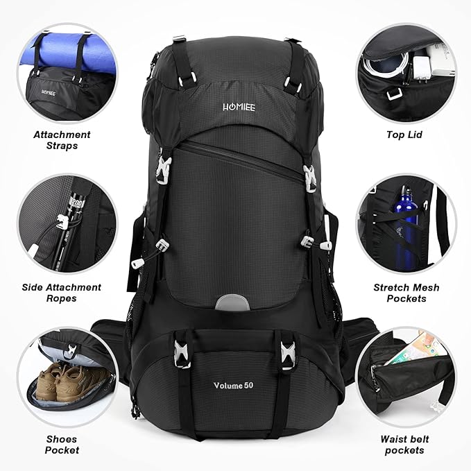 HOMIEE 50L Hiking Backpack Travel Bag Waterproof Camping Rucksack with Rain Cover Lightweight