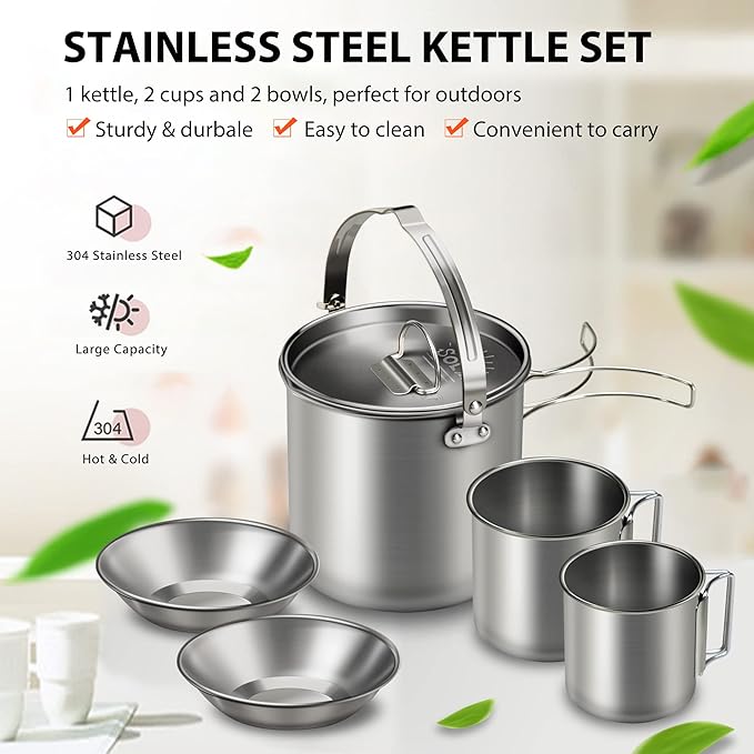 Lixada 5PCS Camping Cookware Set Stainless Steel 1.2L Camping Pot with 2 Cups & 2 Bowls
