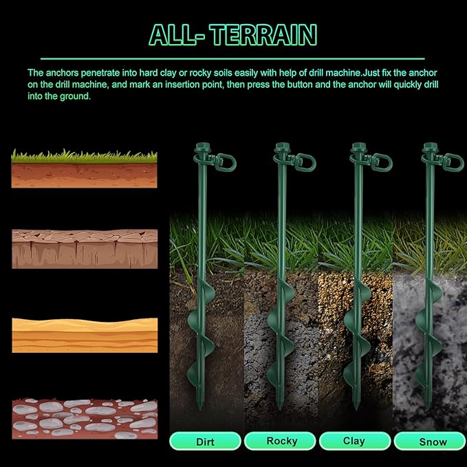 Zhengmy 4 Pcs Ground Anchors Screw in, 12 Inch Heavy Duty Tent Stakes with Trampoline Anchor Hook