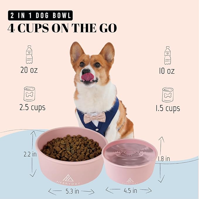 AVERYDAY 30 Oz Travel Dog Bowls with Lids, 2-in-1 Portable Pet Bowls for Food and Water, Leakproof