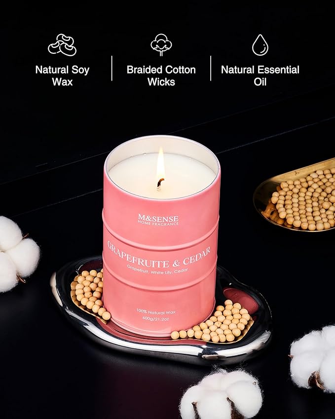 M&SENSE Grapefruit Cedar Scented Candles Large, Natural Soy Candles 21.2oz 120 Hour Slow Burning