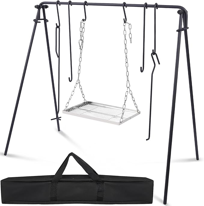 Lineslife Grill Swing Campfire Cooking Stand with Adjusatble Stainless Steel Grill Grate