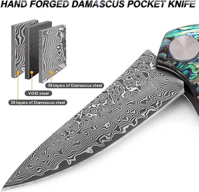 Benkey Damascus Pocket Knife with Clip Leather Sheath Sharp VG10 Core Folding Knife, EDC with Liner