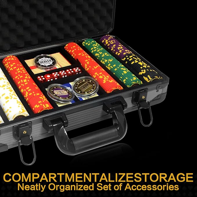 13.5 Gram Clay Poker Chip Set Texas Hold'em Casino Chips 2 Decks of Cards, Aluminum Case Dealer