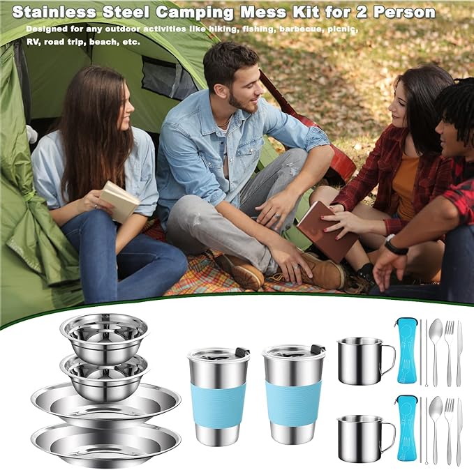 Camping Mess Kit Camping Dishes Set Stainless Steel Tableware Mess Kit Includes Plate Bowl Cup