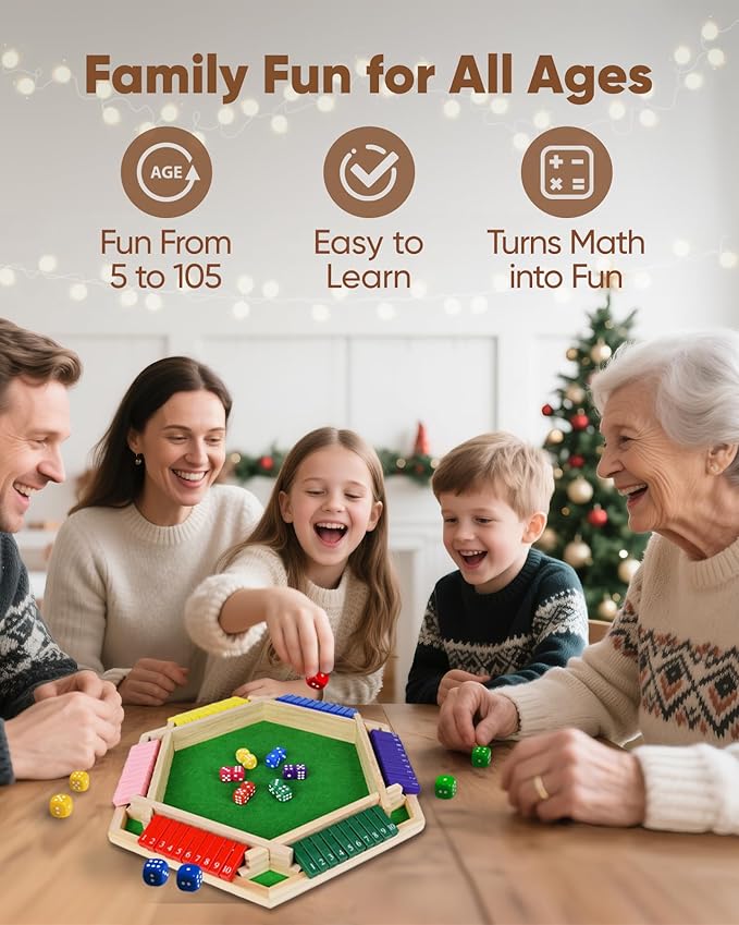 Original Classic 2-6 Player Shut The Box Game, Math Dice Board Game for Family Night Classroom
