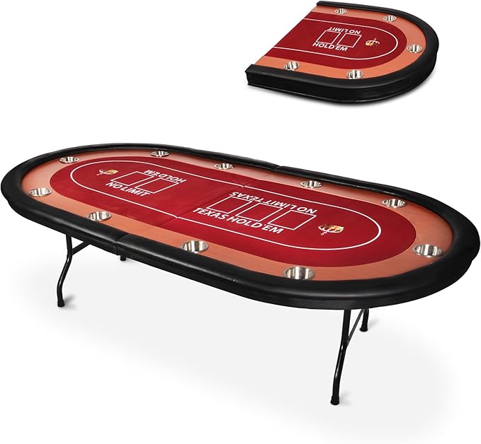 10 Players Oval Poker Table with Padded Rails, Folding Casino-Style Texas Wood Grain Game Poker