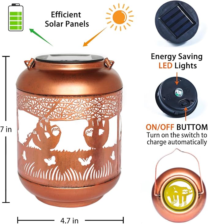 Sloth Solar Lanterns Outdoor Waterproof,Hanging Solar Lights Sloth Gifts for Women Men Metal LED
