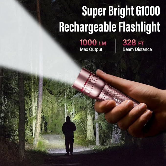 Rechargeable Flashlights High Lumens, G1000 Super Bright Flash Light Pink, Small Zoomable LED