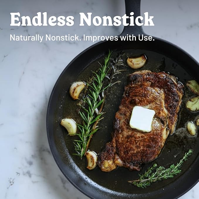 Flambo Skillet #10 - Naturally Non-Stick 10 Inch Pre-Seasoned Cast Iron Frying Pan - Smooth