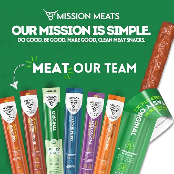 Mission Meats Beef Sticks – 100% Grass Fed & Pasture Raised, Zero Sugar, Gluten Free, Individually