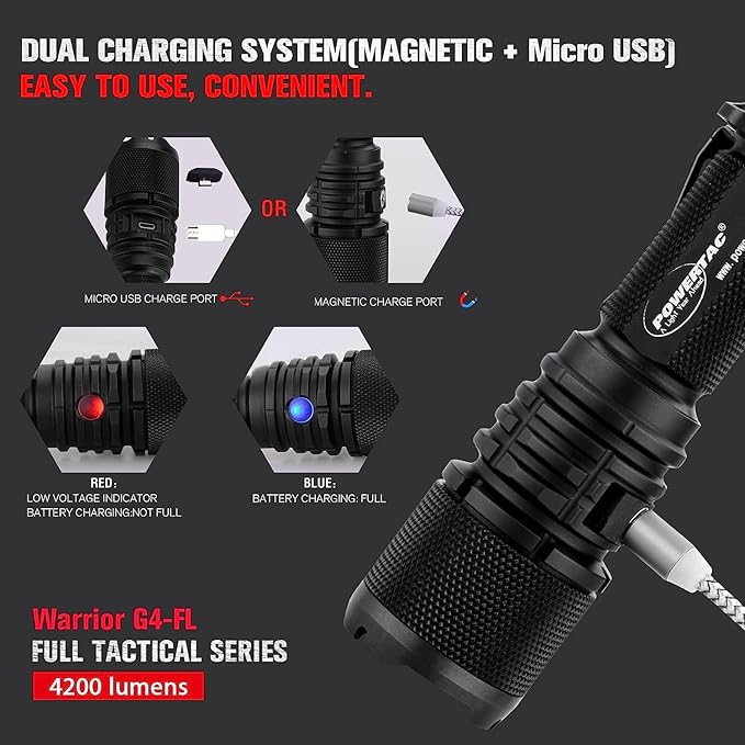 Powertac Warrior G4-FL 4200 Lumen (Wide Beam) Tactical Handheld Flashlight High Lumen, Waterproof