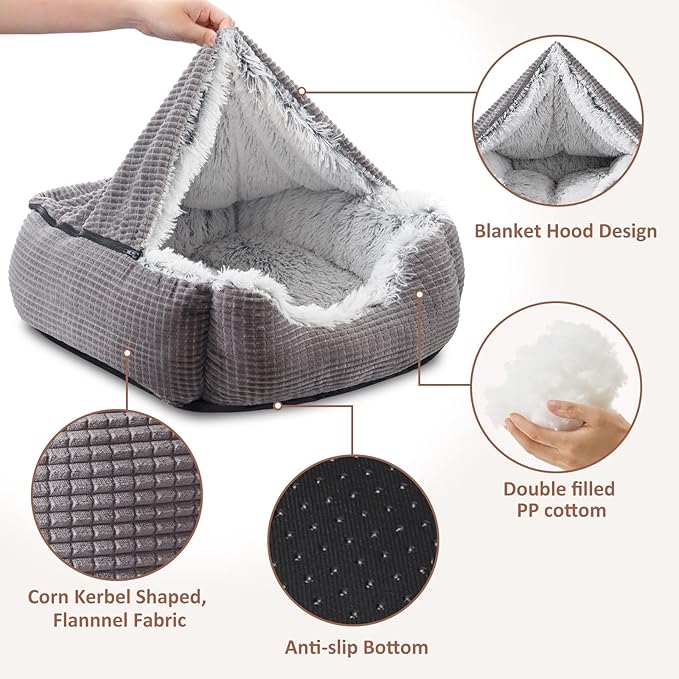 MIXJOY Dog Beds for Large Medium Small Dogs, Rectangle Cave Hooded Blanket Puppy Bed, Luxury