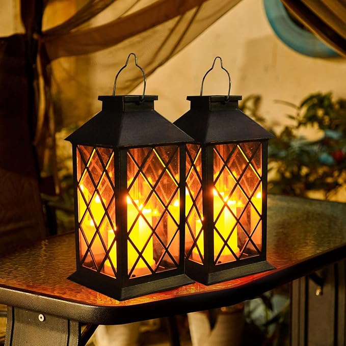 Solar Lantern Outdoor,Garden Hanging Lantern- PVC Waterproof 3 LED Flickering Flameless Candle