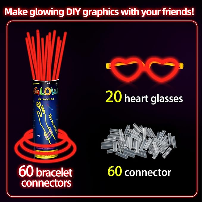60 Pack 8??Red Glow Sticks Bulk Bright Glow Sticks with 60 Connectors 20 Heart Glasses Glow In The
