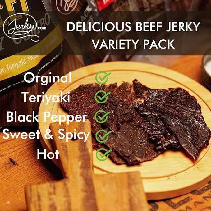 Jerky.com Beef Jerky Combo - Featuring Flavors Hot, Teriyaki, Original, Sweet & Spicy, Black Pepper