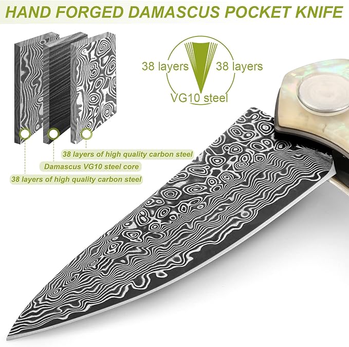 Benkey Damascus Pocket Knife, Extremely Sharp VG10 Core Damascus Steel Folding Knives with Clip and