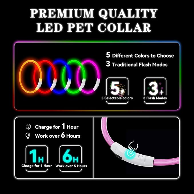 Led Light Up Dog Collar Rechargeable Waterproof, Glow in Dark Dog Collar, TPU Cuttable Lighted Dog