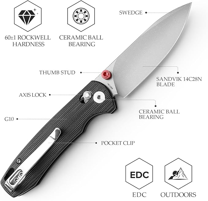 EDC Folding Pocket knife with Clip for Men,Thumb Studs Crossbar Lock Knives with 2.99" 14C28N Steel