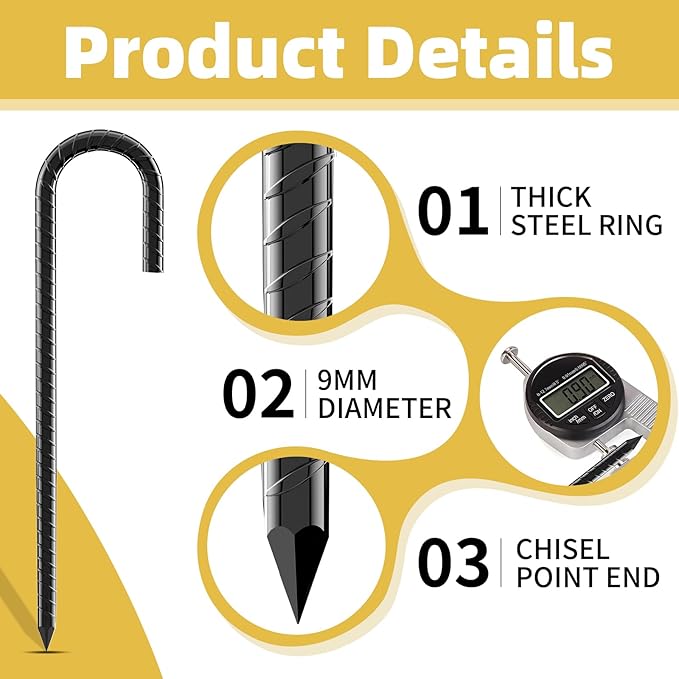 12 Inch Rebar Stakes, 8 Pack J Hook Heavy Duty Ground Stakes for Canopy Tent Trampoline and Chain