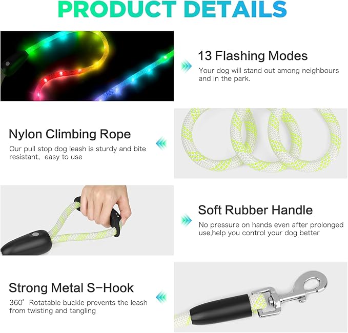 BSEEN Light Up Dog Leash - LED Dog Leash Type-C Rechargeable, 13 Lighting Modes, Glow in The Dark