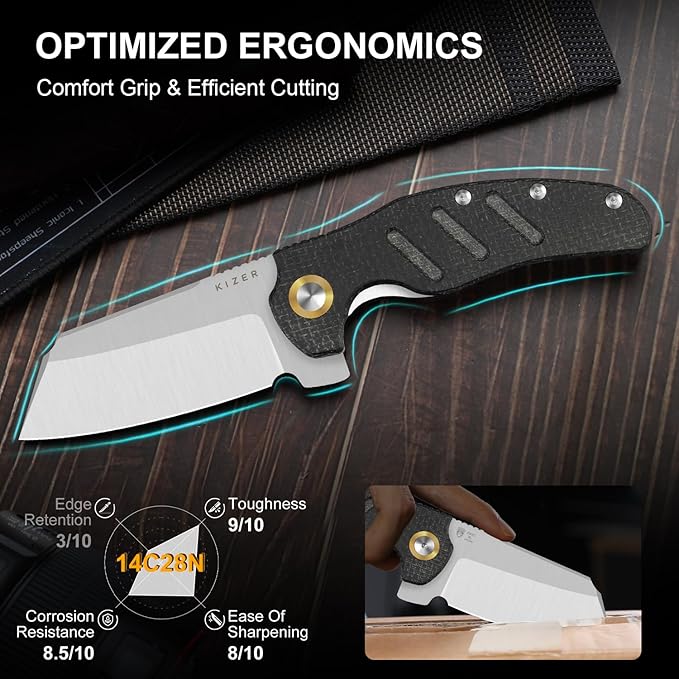 Kizer C01C XL Sheepdog Pocket Knife, 3.9" 14C28N Sheepsfoot Blade EDC Folding Knife with Black