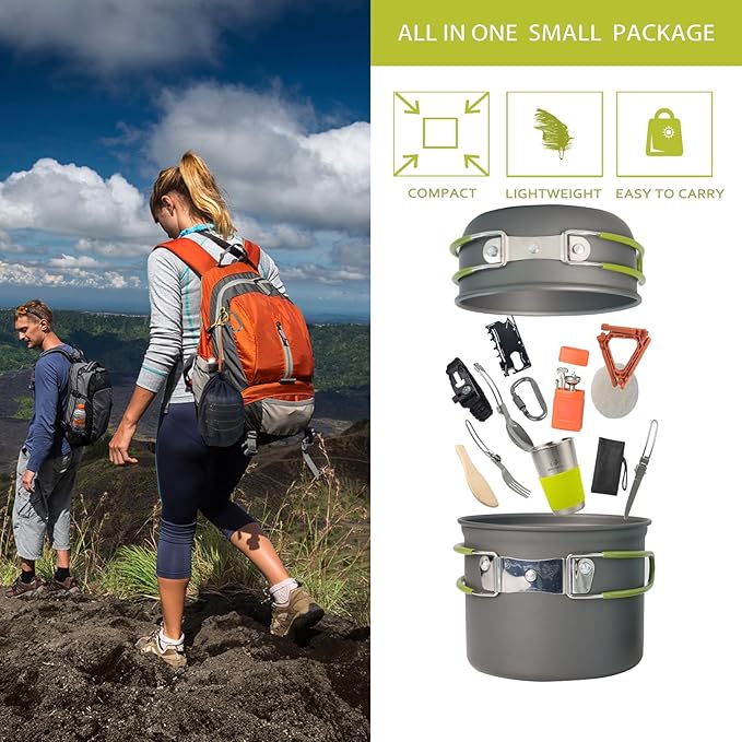 Camping Cookware Mess Kit, 16 pcs Backpacking Cooking Set, Lightweight Camping Pots and Stove Set