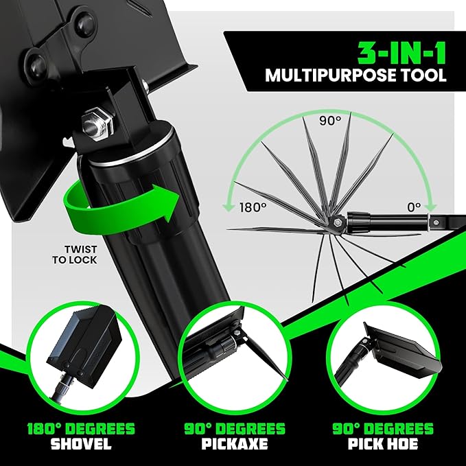 Rhino USA Survival Shovel w/Pick - Heavy Duty Carbon Steel Military Style Entrenching Tool for Off